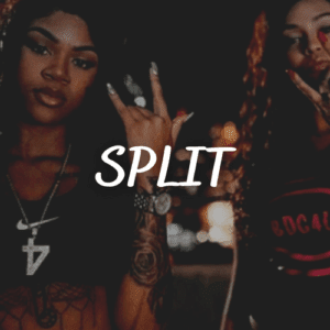 In the vibrant, edgy night scene, two women confidently pose, their dark clothing accentuating a bold aura as "Split" stands out in striking white text. The blurred city lights in the background enhance this compelling image, with one woman subtly signaling with her hand.