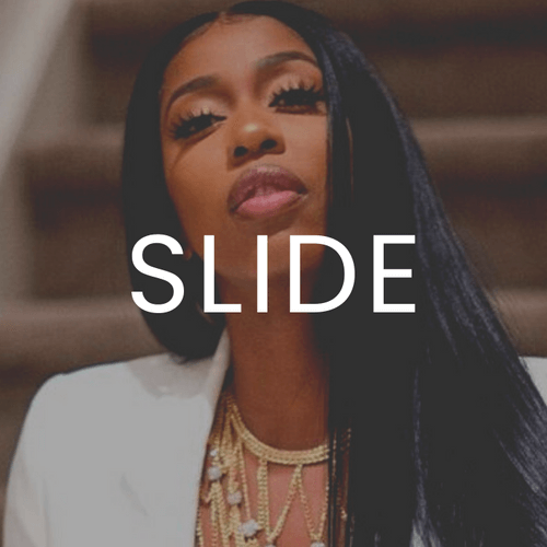 A person with long black hair is dressed in a white outfit and layered gold necklaces, radiating elegance. The brand name "Slide" is artfully overlaid on the image, evoking a sense of movement and grace.