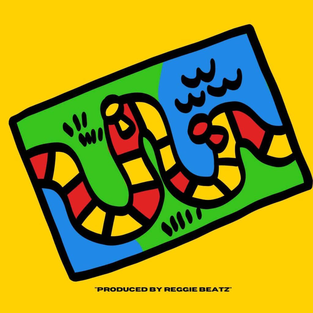 A vibrant illustration features a winding red and yellow path against a bright green and blue backdrop, reminiscent of the playful board game Snake & Ledders. The phrase "Produced by Reggie Beatz" is placed at the bottom, capturing the essence of family entertainment.